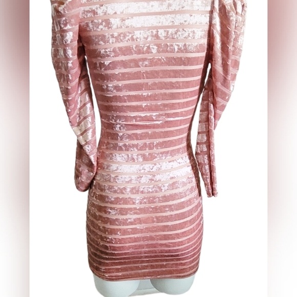 Velvet Feel Long Puff Sleeve Bodycon Mini Dress Pink - Picture 7 of 11